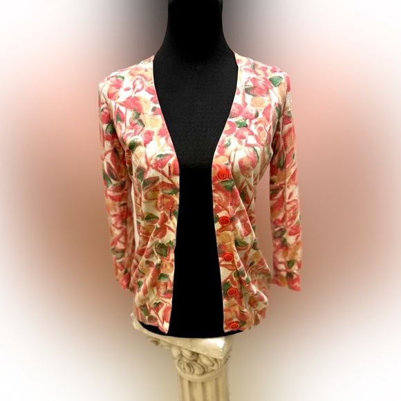 50% off w♥️ TALBOTS Woman Floral Print Stretch Knit Cardigan Sweater XS - Picture 1 of 5